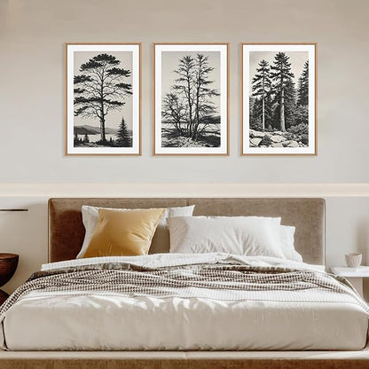 LHIUEM Large Vintage Sketch Tree Framed Wall Art Set,Antique Black and White Wall Decor,Nature Botanical Lake Artwork,Modern Wilderness Forest Art Prints for Living Room,Bedroom- 16"x24"x3