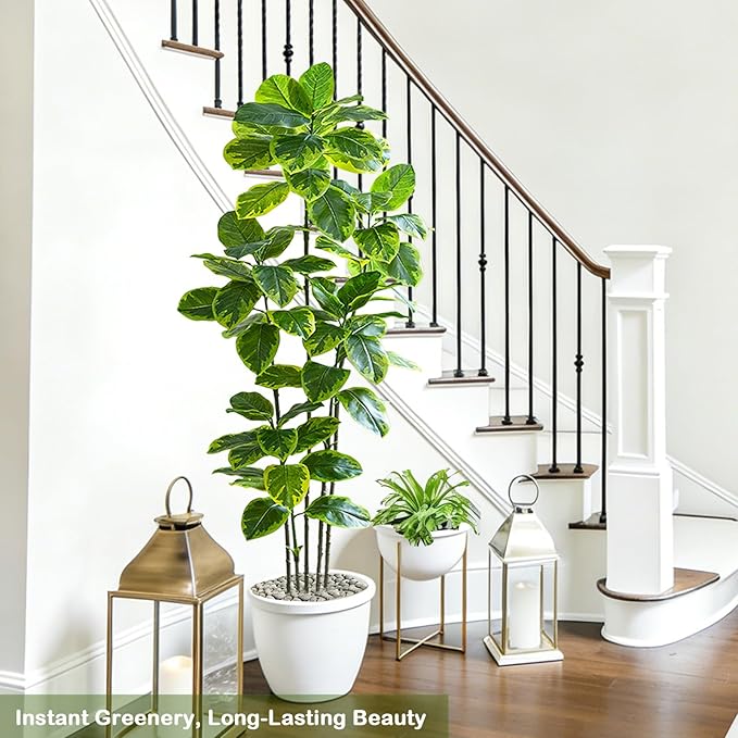 Ficus Tree Artificial Plants Indoor, 6FT Tall Fake Trees in White Pot, Large Potted Silk Floor Plant Artificial Trees, Green Lifelike Faux Ficus Tree for Home Room Office Porch Decor-Yellow