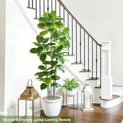 Ficus Tree Artificial Plants Indoor, 6FT Tall Fake Trees in White Pot, Large Potted Silk Floor Plant Artificial Trees, Green Lifelike Faux Ficus Tree for Home Room Office Porch Decor-Yellow