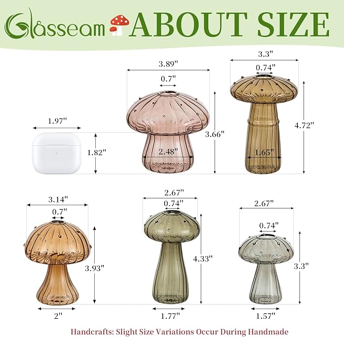 Glasseam Mushroom Glass Planter for Plants: Set of 5 Handmade Plant Propagation Stations - Fall Colored Small Hydroponic Terrarium Jars for Home Decor for Plant Lovers