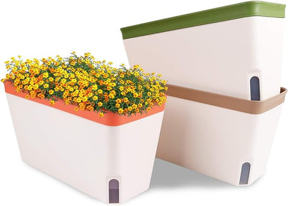 OurWarm Windowsill Herb Planter Box, Set of 3 Self Watering Plant Pots, 10.5 Inch Rectangular Planter Pot, Decorative Garden Flower Pots for Indoor Plants, Herbs, Vegetables, Flowers (3 Colors)