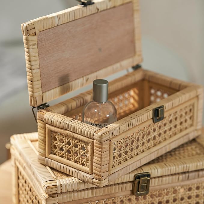 Rattan Box, Boho Decorative Boxes with Lids, Set of 2 Rectangular Wicker Storage Basket, Natural Woven Cane Bins for Home Decor (Rectangular)