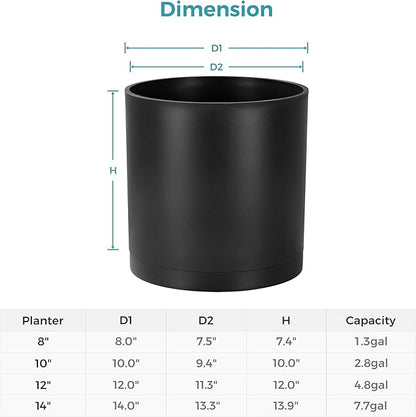 FaithLand 14-Inch Large Modern Cylinder Planter, Thick-Walled Plastic Plant Pot with Drainage Holes and Detachable Saucer, Matte Black, Ideal for Indoor & Outdoor Plants Flowers