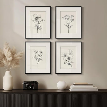 Framed Black and White Botanical Wall Art for Bathroom, Farmhouse Floral Plant Artwork for Bathroom Walls, 4 Piece Minimalist Vintage Picture Prints for Bedroom Kitchen Living Room Wall Decor, 8x10 In