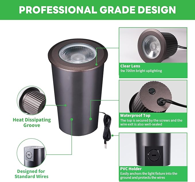 Low Voltage Well Lights - 5 Colors Temp IP67 Outdoor In-Ground Lights, 2700K/3000K/3500K/4000K/5000K 12V LED Landscape Lighting, ORB Aluminum for Pathway Wall Tree 9W 700LM