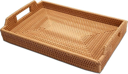 Rattan Tray, YACEYACE Woven Tray with Handles Bulk, Rectangular Small Rattan Serving Trays for Home, Ottoman, Coffee Table, 13.3" H x 9.4" L x 1.6" W