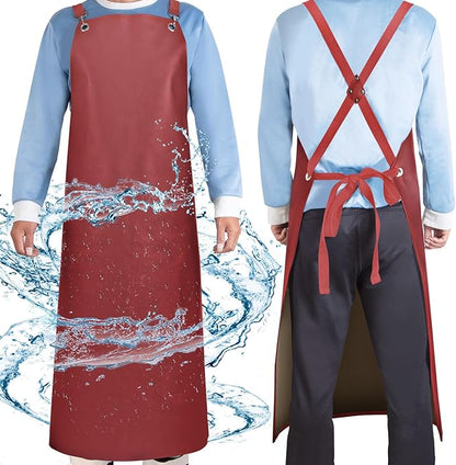 Waterproof Rubber Aprons for Women, Heavy Duty Vinyl Dishwasher Apron Adjustable Cross Back Strap for Dishwasher, Butcher, Dog Grooming, Chemical Resistant, 43" Long Thicker Apron Red