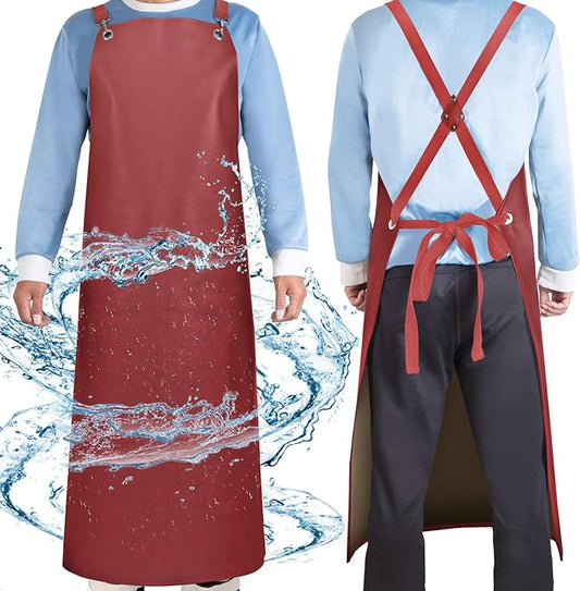 Waterproof Rubber Aprons for Women, Heavy Duty Vinyl Dishwasher Apron Adjustable Cross Back Strap for Dishwasher, Butcher, Dog Grooming, Chemical Resistant, 43" Long Thicker Apron Red