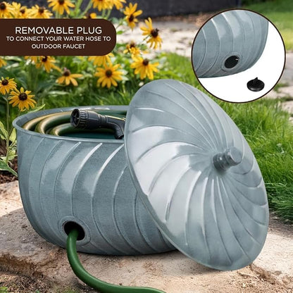 Monarch Abode Garden Hose Holder with Lid – Decorative Water Hose Holders for Outside, Wave Embossed Metal Patina Pot with Drainage, 100ft Waterhose Holder for Outside, Garden Storage Caddy