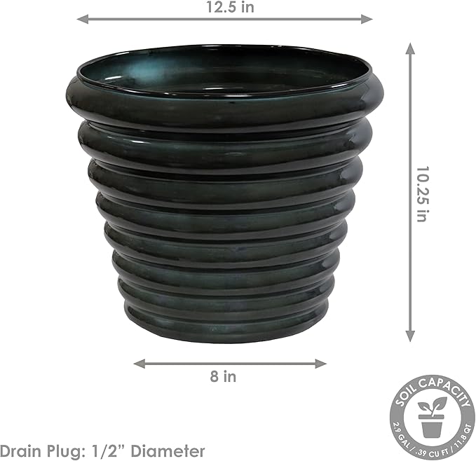 Sunnydaze Molly 12.5" Metal Outdoor Plant Pot Set with Drainage Holes and Rubber Plugs- Juniper Glaze - Set of 2