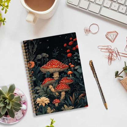 Mushroom Spiral Notebook, Vintage Mushroom Journal Notebook, Witchy Forest Botanical Journaling Notebooks for Women, Dark Cottagecore Office School Supplies Gifts, 5.5x8.3 Inch