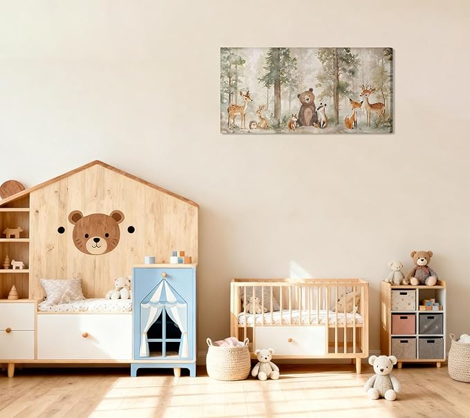 Large Frame Woodland Animal Nursery Canvas Wall Art Wild Animal Forest Painting Picture Wall Decor Fox Bear Deer Watercolor Poster Printing Artwork for Boys Room Girls Room Home Decoration 24x12"