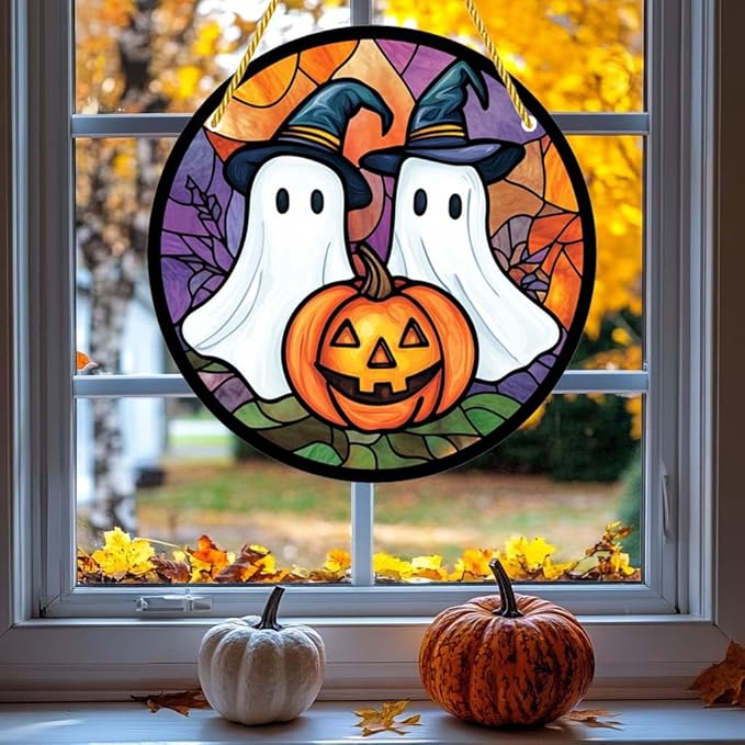 Acrylic Window Hanging Ghosts Pumpkin Stained Panel Window Decoration for Halloween Decorations Outdoor Indoor Garden Yard Home Halloween Decor 12 Inch