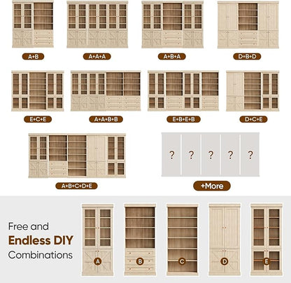 Vyre 70.8" Tall Brown Bookshelf with Glass Doors, Farmhouse Modular Bookcase with 6-Tier Adjustable Shelves, Large Storage Cabinet for Home Office, Living Room, Set of 3