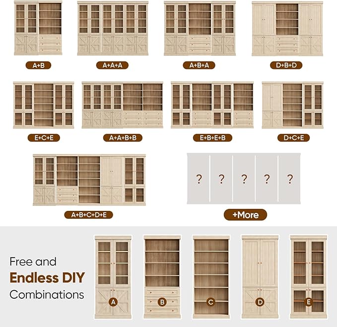 Vyre 70.8" Tall Brown Bookshelf with Glass Doors, Farmhouse Modular Bookcase with 6-Tier Adjustable Shelves, Large Storage Cabinet for Home Office, Living Room