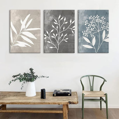 okudolit Vintage Botanical Canvas Wall Art Set of 3 Blue Grey and Beige Neutral Plant Leaf Prints Boho Minimalist Floral Art Pictures Wall Decor for Living Room Bedroom bathroom Office-12x16in