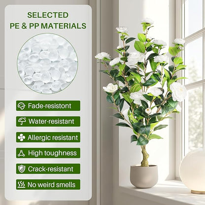 Artificial Camellia Tree 2 Pack, 3FT Faux Camellia Plant in Pot, 36 inch Fake Potted Camellia Flower Tree Plastic Camellia Tree for Modern Home Office Living Room Floor, Christmas, Decor Indoor, White