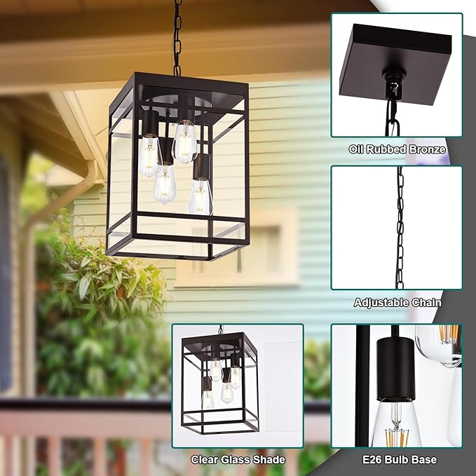 Large Outdoor Pendant Light for Porch, Oil Rubbed Bronze Outdoor Hanging Light Fixture with Clear Glass Shade, Exterior Linear Chandelier Hanging Lantern for Outside Patio,Front Door