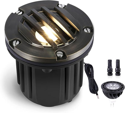 Gardenreet In Ground Well Light - Brass 12V LED Waterproof Outdoor Landscape Lighting, Low Voltage Ip65 in-Grade Grated Top Light, Antique Bronze for Tree Walkway Wall with 2700K Warm White MR16 Bulb
