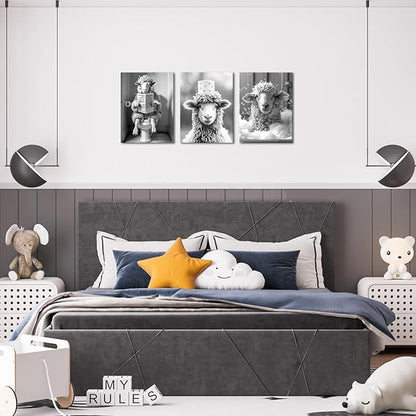 AoArtWZ Bathroom Sheep Canvas Wall Art Black and White Funny Animal on Closestool Bathtub Painting Picture Artwork Prints for Home Restroom Decor Framed 12"x16"x3 Pcs