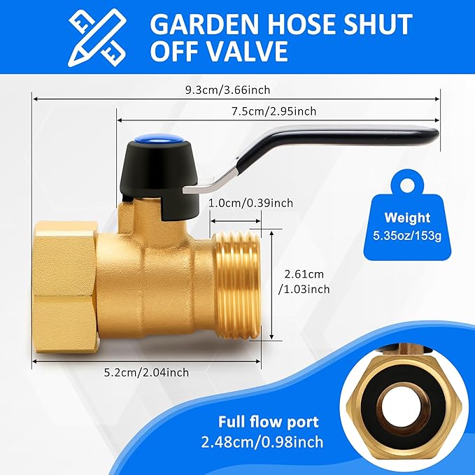Brass Garden Hose Shut Off Valve with Full-Flow Design – Heavy Duty 3/4" GHT Nozzle Connector, 304 Stainless Steel Handle – 2 PC (Full Flow, Corrosion-Resistant)