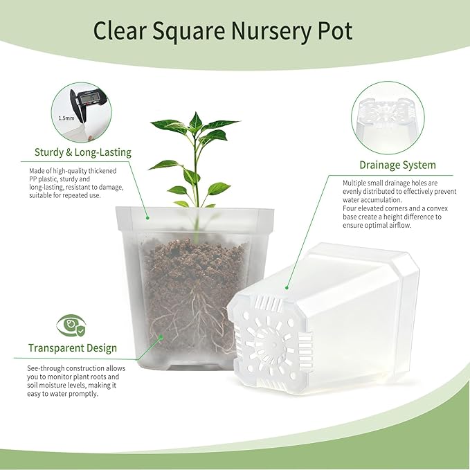 Clear Nursery Pots with Drainage Holes, 30 Pcs 2.7 Inch Square Plastic Pots for Plants, Clear Flower Pots Seed Starter Pot
