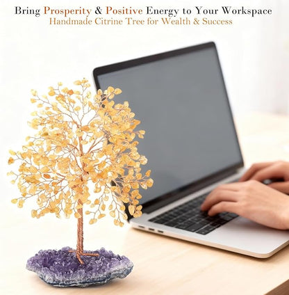 Gemstone Crystal Tree of Life,Natural Citrine(406 Stones Count) with Amethyst Cluster Base,Chakra Healing Crystals Positive Energy Fengshui Bonsai Money Tree Gift 8.5"-9"