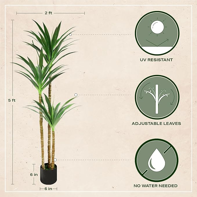 Hyper Realistic Dracaena 5ft Tall - Real Touch & VU Protected Faux Yucca Floor Plant in Pot- Artificial Agave Plant Fake Tree with Black Planter