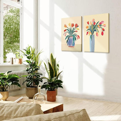 RUMSICH 2 Pcs Abstract Tulip Canvas Wall Art Modern Floral Wall Decor Pictures Colorful Botanical Posters Print Vintage Blue Striped Vase Paintings Artwork Living Room Bedroom Office Decor 16x24 Inch