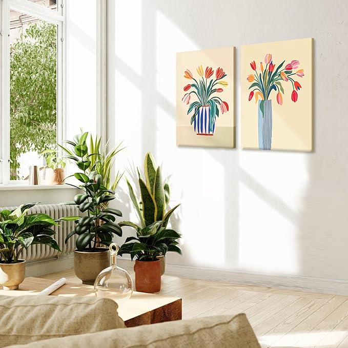 RUMSICH 2 Pcs Abstract Tulip Canvas Wall Art Modern Floral Wall Decor Pictures Colorful Botanical Posters Print Vintage Blue Striped Vase Paintings Artwork Living Room Bedroom Office Decor 12x16 Inch