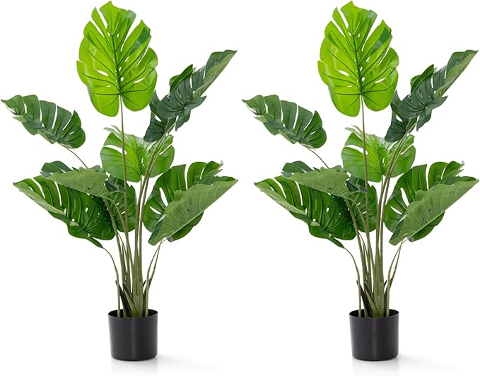 GOFLAME Artificial Monstera Deliciosa Plant, 4ft Potted Faux Tree with 10 Verdant Fake Leaves, Swiss Cheese Plant for Home Decor Indoor, Outdoor, Home, Office, 2 Pack