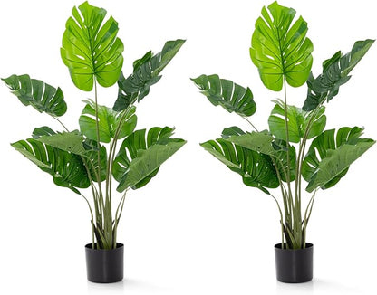GOFLAME Artificial Monstera Deliciosa Plant, 4ft Potted Faux Tree with 10 Verdant Fake Leaves, Swiss Cheese Plant for Home Decor Indoor, Outdoor, Home, Office, 2 Pack