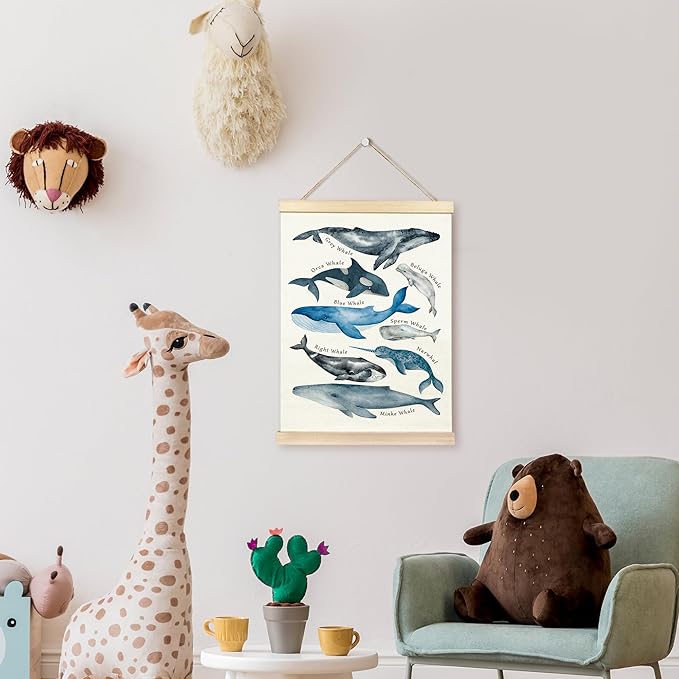 TAEDIN Whales Ocean Animal Chart Poster Hanger Frame, Whales Nautical Wall decor Educational Wooden Canvas Print, Sea Life Beach Wall Decor Painting for Classroom Nursery Bedroom Teen Room 12X16