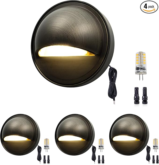 Gardenreet Solid Brass Deck Lights - Low Voltage LED Step Lights Outdoor, 12V Landscape Hardwired Waterproof Bronze for Stair Fence Wall with 3000K Soft White 3W 270LM G4 Bulb 4 Pack