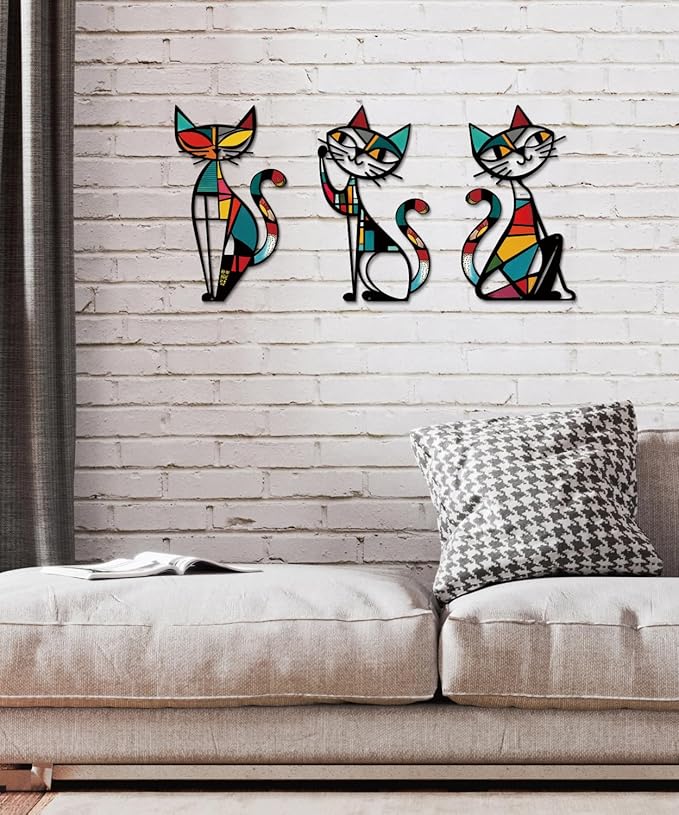 Putuo Decor 3 Pieces Colorful Cat Metal Wall Art, Mid Century Modern Abstract Wall Hanging Sculptures for Cat Lovers Living Room Bedroom Kitchen Hallway Office