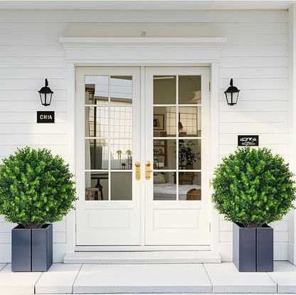 Artificial Eucalyptus Topiary Ball Trees, 2 Set of 16'' UV Resistant Fake Evergreen Shrubs Bushes Plants with Ground Spike, Fake Plants for Outdoor Indoor Front Porch Garden