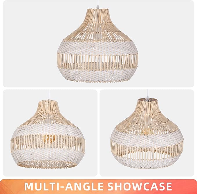 Arturesthome Rattan Chandelier for Kitchen Island,15.72" White Boho Woven Basket Pendant Light,Handmade Wicker Hanging Light for Living Room,Bedroom