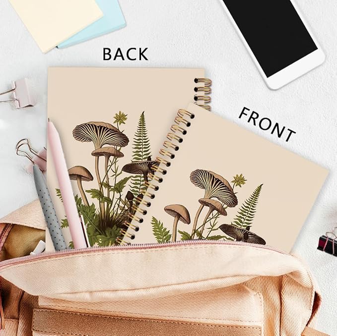 nvucamd Vintage Mushroom Spiral Notebook, Cottagecore Mushroom Journal Notebook, Retro Botanical Journaling Notebooks for Women, Mushrooms Gifts Office Supplies, 5.5x8.3Inch