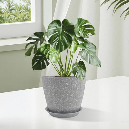 8/7/6 inch Plant Pots, 3 Pack Flower Pots for Outdoor Indoor Garden Plants, Large Planters with Multi Mesh Drainage Holes and Saucer (Speckled Grey, 8"+7"+6")