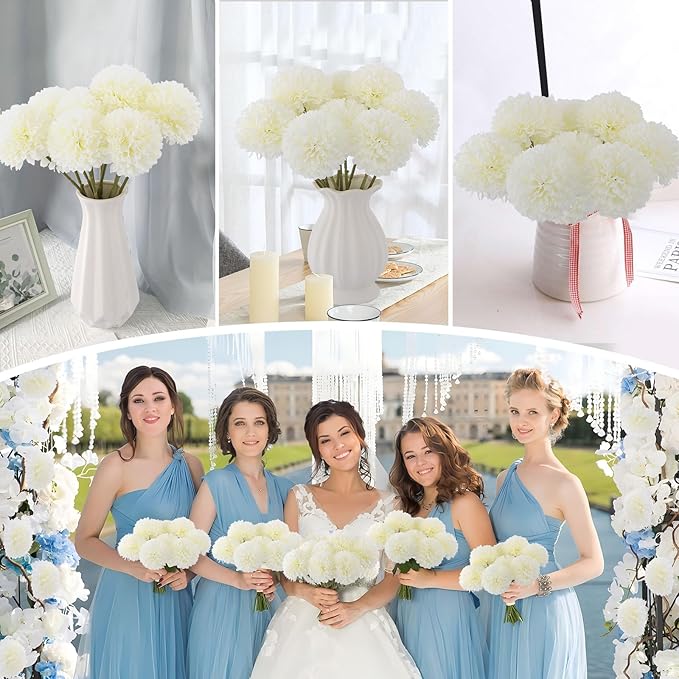 12 Pcs Artificial Chrysanthemums Flowers Silk Ball White Flowers Fake Mums Spring Flowers for Valentine‘s Day Wedding Home Decor (12, White)