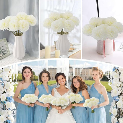 12 Pcs Artificial Chrysanthemums Flowers Silk Ball White Flowers Fake Mums Spring Flowers for Valentine‘s Day Wedding Home Decor (12, White)