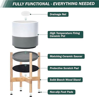 D'vine Dev Ceramic Planter with Natural Stand - 10 Inch Modern Round Flower Pot with Wood Planter Holder, White/Grey, 55-B-K-6
