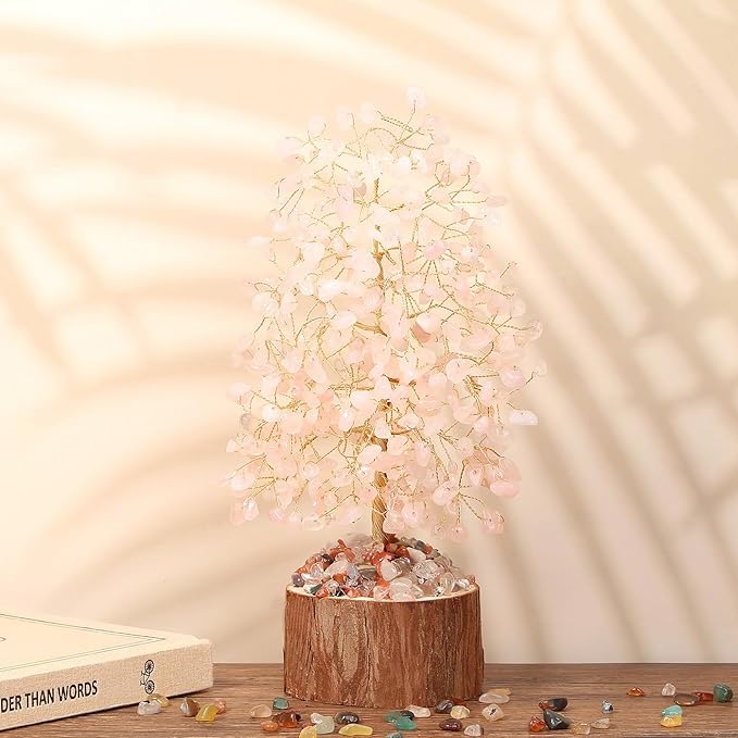 DUQGUHO Rose Quartz Crystal Tree Pink Ornaments Positive Energy Tree of Life Spiritual Gifts for Women House Warming Gifts New Home Wedding Gifts Crystal Ornament Home Decor