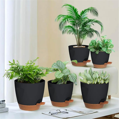 5-Pack Plant Pots with Drainage 7/6.5/6/5.5/5 Inch, Self Watering Pots for Indoor Plants, Planters for Indoor Outdoor Plants, Plastic Flower Pot, Planter for Indoor Outdoor (Black)