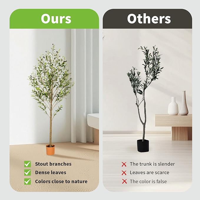 6FT Artificial Olive Tree Indoor Tall Realistic Faux Olive Tree with Plastic Planter, Fake Silk Tree with Handcrafted Branches & Fruits, Large Fake Plant for Home and Office Decor (6FT)