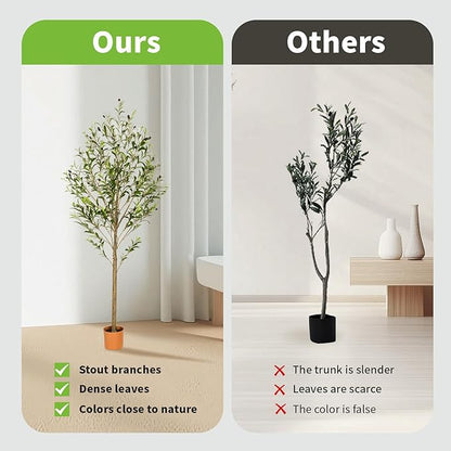 6FT Artificial Olive Tree Indoor Tall Realistic Faux Olive Tree with Plastic Planter, Fake Silk Tree with Handcrafted Branches & Fruits, Large Fake Plant for Home and Office Decor (6FT)