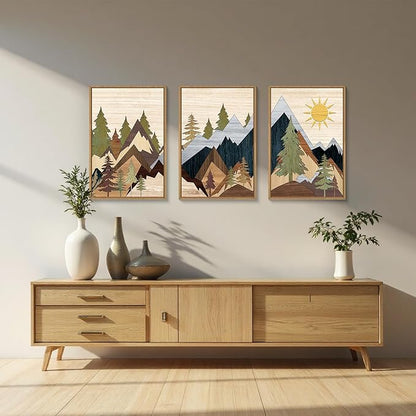 Ausril Mountain Pine Tree Framed Canvas Wall Art Set, Nature Wilderness Illustration Wall Decor, Woodcut Forest Wall Painting, Mid Century Modern Art Print for Living Room Bedroom Office 24"x36"x3