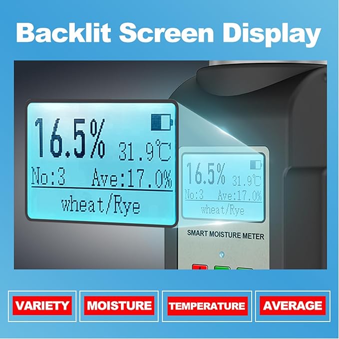 Portable Moisture Tester for Grain,25 Grain Moisture Meter with Backlit Digital Meter Readout & Voice Broadcast, Moisture Temperature Tester for Wheat, Soybean, Coffee and More