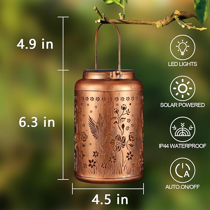 Solar Lanterns Outdoor Waterproof Hummingbird Garden Decor Gifts for Women Mom Grandma Hanging Solar Lights Metal Solar Decoration Outside for Yard, Patio, Backyard, Porch