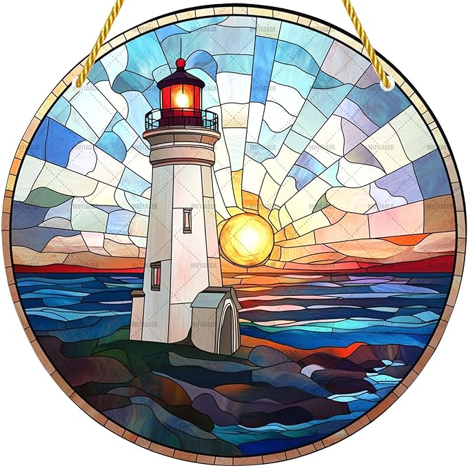 Acrylic Stained Window Hanging Sea Lighthouse Acrylic Decoration for Indoor Outdoor Home Bar Office Garden Plastic Ornament Decor 12x12 Inch